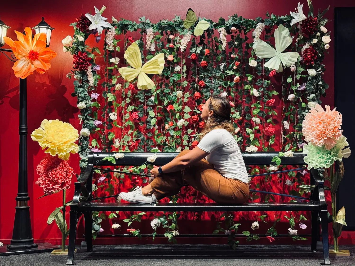 Jessica on a flower bench